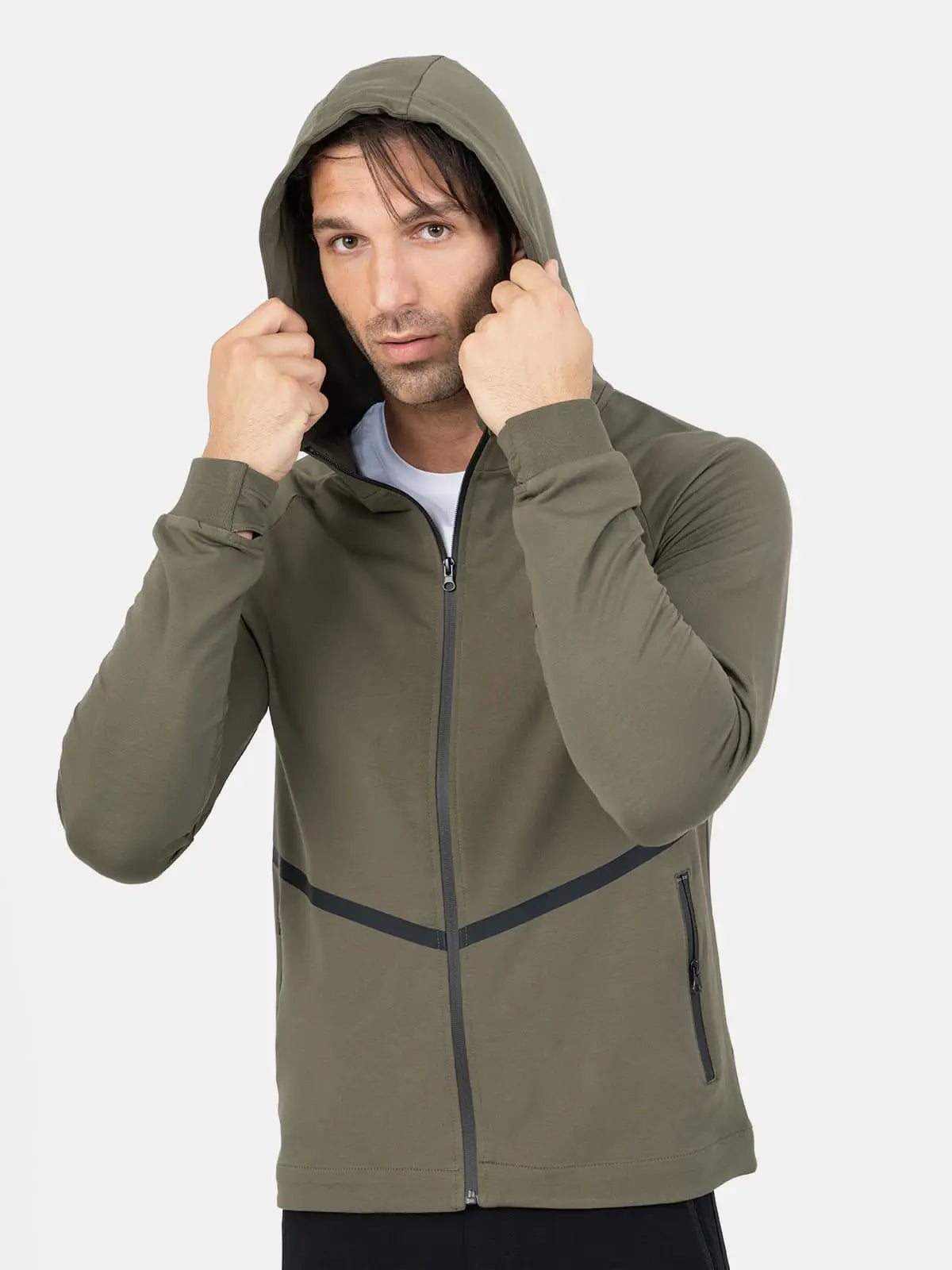 Front Wings Stripe Full Zip Training Hoodie - Olive